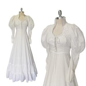 Gunne Sax Wedding Dress Size 11 M Corset White Puff Sleeves Vintage 70s